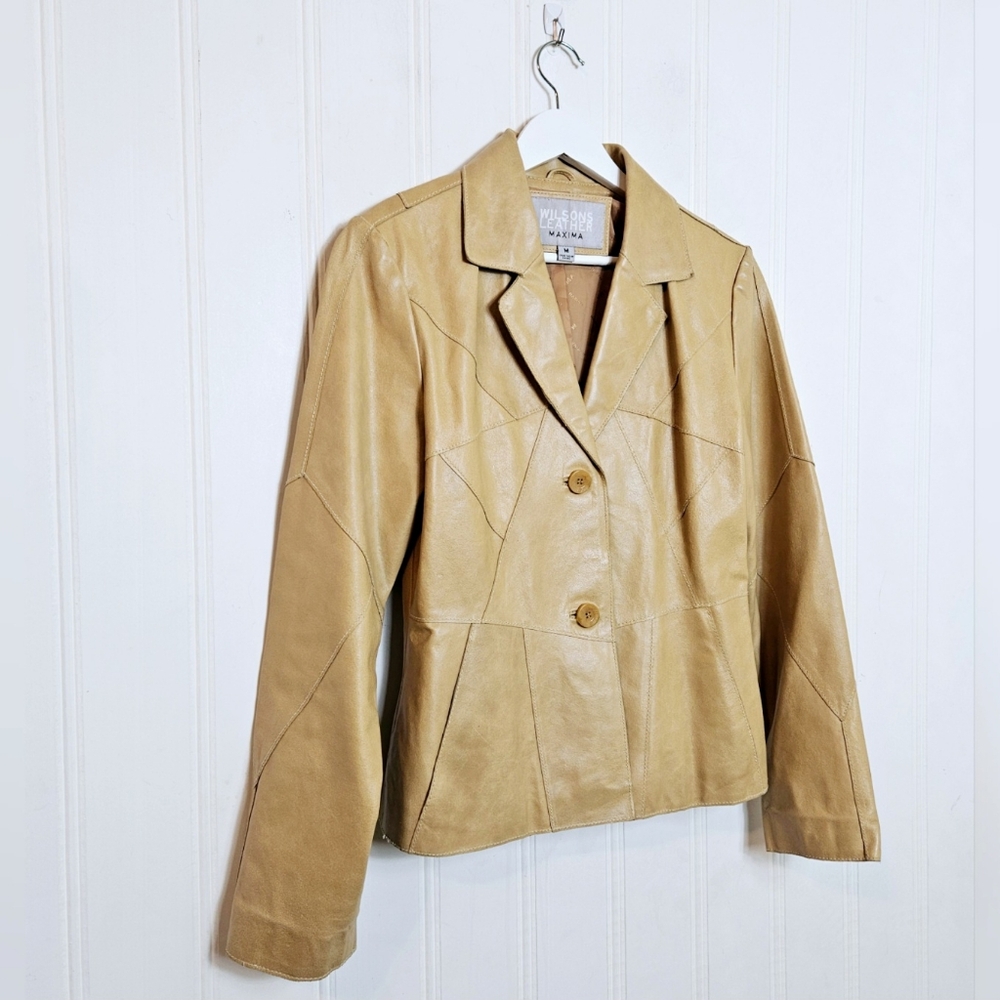 Wilsons Leather Maxima Blazer M Vintage Y2K Patchwork Genuine Leather Camel Tan